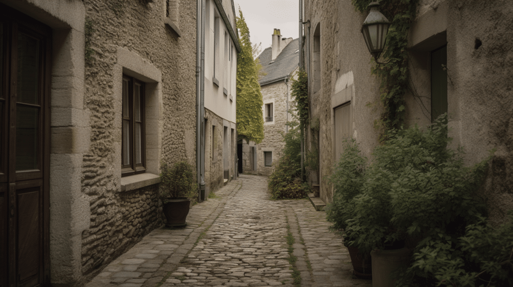 A quiet alley in Vertus, with stone buildings and cobbled streets, reflecting the village's timeless charm and its integral role in the world of Champagne.